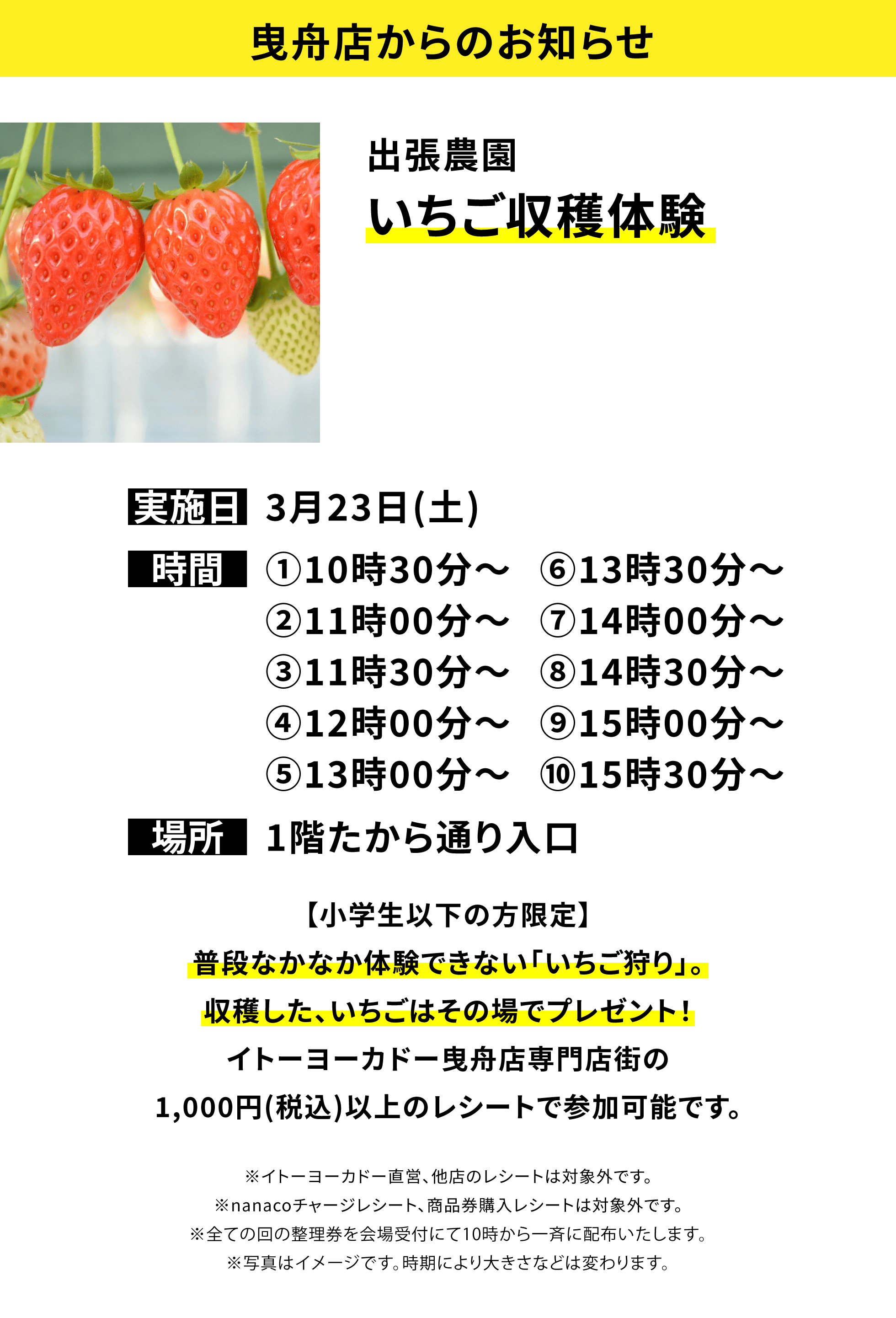 曳舟店からのお知らせ：出張農園 いちご収穫体験【小学生以下の方限定】普段なかなか体験できない「いちご狩り」。収穫した、いちごはその場でプレゼント！イトーヨーカドー曳舟店専門店街の1,000円(税込)以上のレシートで参加可能です。