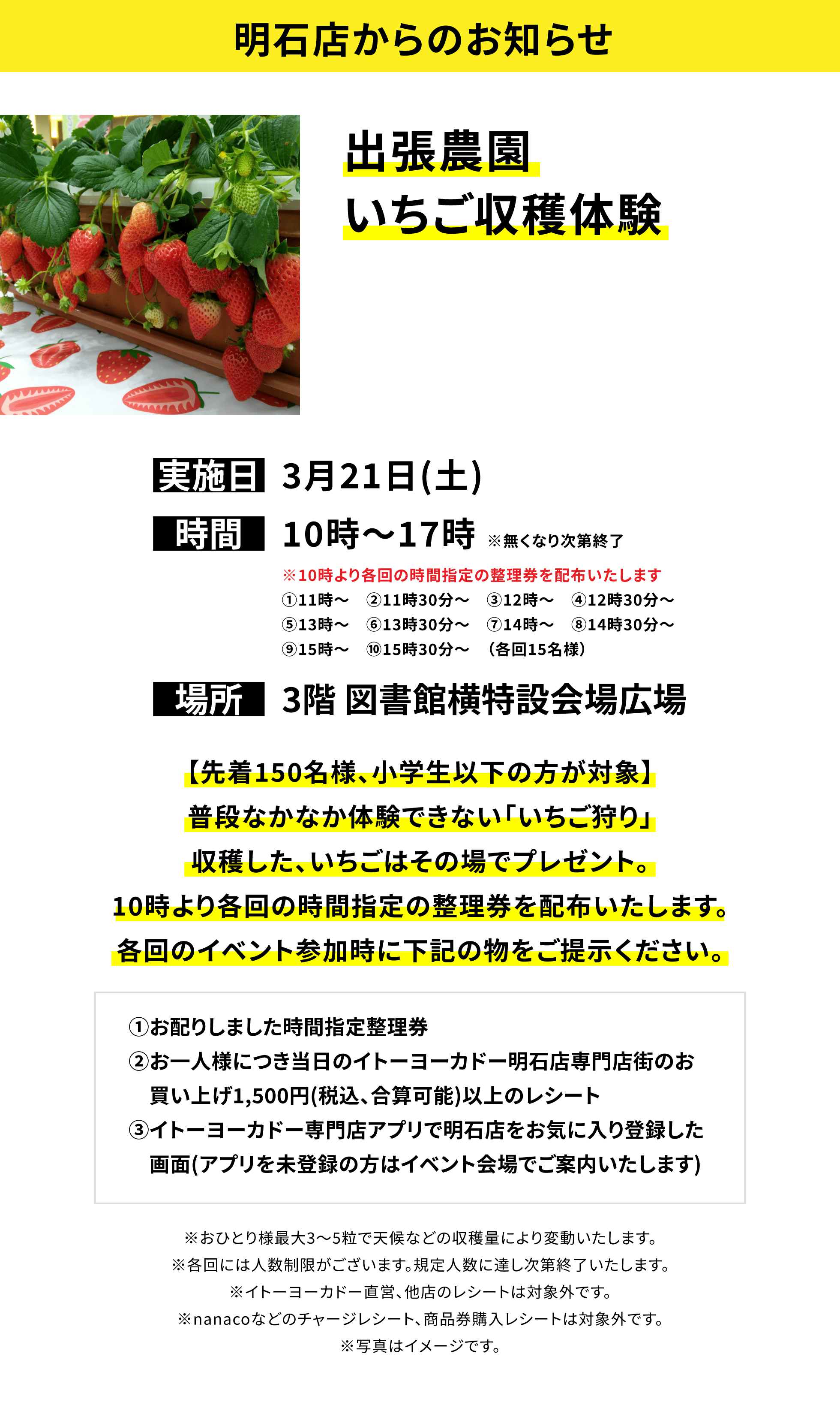 【明石店からのお知らせ】出張農園いちご収穫体験、実施日:3月21日(土)、時間:10時〜17時 ※無くなり次第終了、場所:3階 図書館横特設会場広場、【先着150名様、小学生以下の方が対象】普段なかなか体験できない「いちご狩り」収穫した、いちごはその場でプレゼント。10時より各回の時間指定の整理券を配布いたします。各回のイベント参加時に下記の物をご提示ください。①お配りしました時間指定整理券②お一人様につき当日のイトーヨーカドー明石店専門店街のお買い上げ1,500円(税込、合算可能)以上のレシート③イトーヨーカドー専門店アプリで明石店をお気に入り登録した画面(アプリを未登録の方はイベント会場でご案内いたします)※おひとり様最大3〜5粒で天候などの収穫量により変動いたします。※各回には人数制限がございます。規定人数に達し次第終了いたします。※イトーヨーカドー直営、他店のレシートは対象外です。※nanacoなどのチャージレシート、商品券購入レシートは対象外です。※写真はイメージです。
