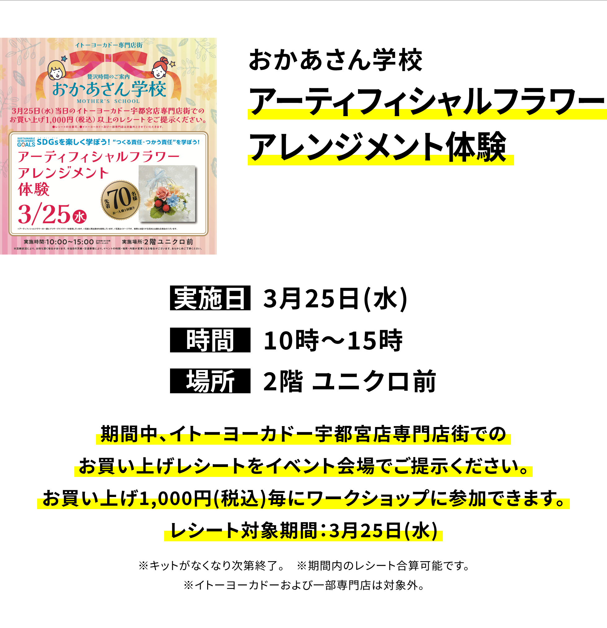 【宇都宮店からのお知らせ】おかあさん学校アーティフィシャルフラワーアレンジメント体験、実施日:3月25日(水)、時間:10時〜15時、場所:2階 ユニクロ前、期間中、イトーヨーカドー宇都宮店専門店街でのお買い上げレシートをイベント会場でご提示ください。お買い上げ1,000円(税込)毎にワークショップに参加できます。レシート対象期間:3月25日(水)※キットがなくなり次第終了。 ※期間内のレシート合算可能です。※イトーヨーカドーおよび一部専門店は対象外。