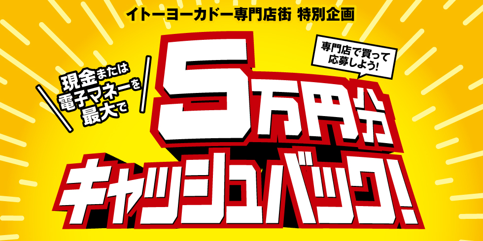 専門店で買って応募しよう！現金または電子マネーを最大で5万円分キャッシュバック！ 3,000円（税込）以上のレシートを撮影して、スマホで応募しよう。